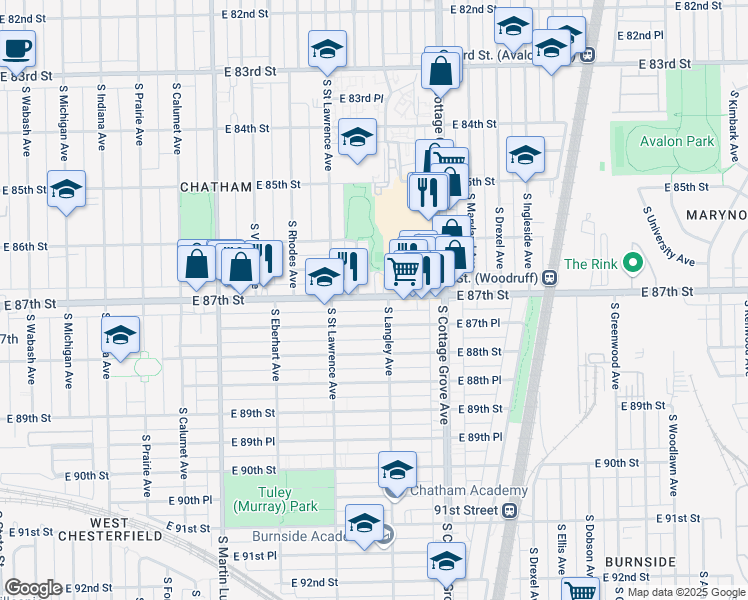 map of restaurants, bars, coffee shops, grocery stores, and more near 645 East 87th Street in Chicago
