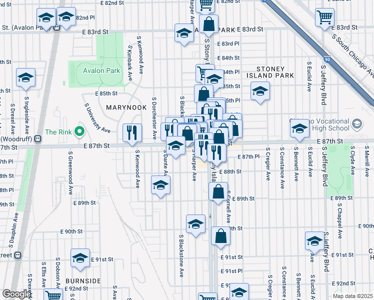 map of restaurants, bars, coffee shops, grocery stores, and more near 8731 South Blackstone Avenue in Chicago