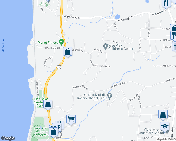 map of restaurants, bars, coffee shops, grocery stores, and more near 18 Windsor Court in Poughkeepsie