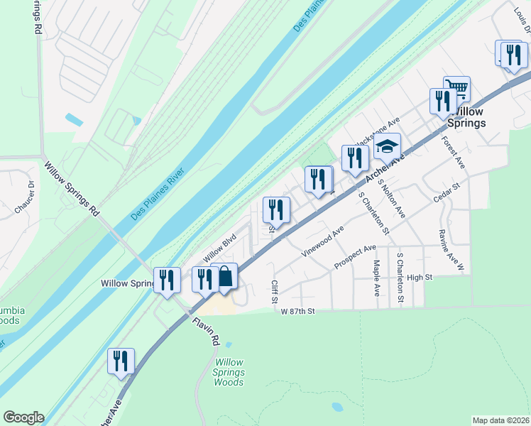 map of restaurants, bars, coffee shops, grocery stores, and more near 143 Willow Boulevard in Willow Springs
