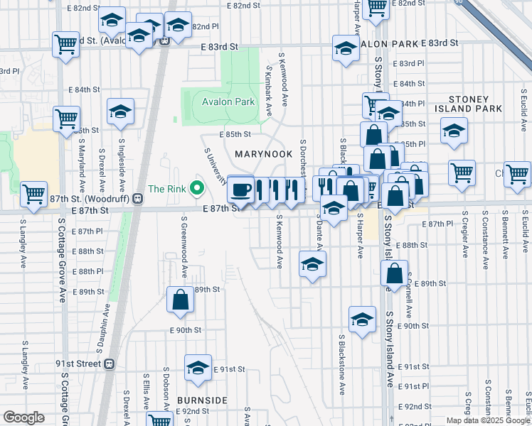 map of restaurants, bars, coffee shops, grocery stores, and more near 8729 South Kimbark Avenue in Chicago