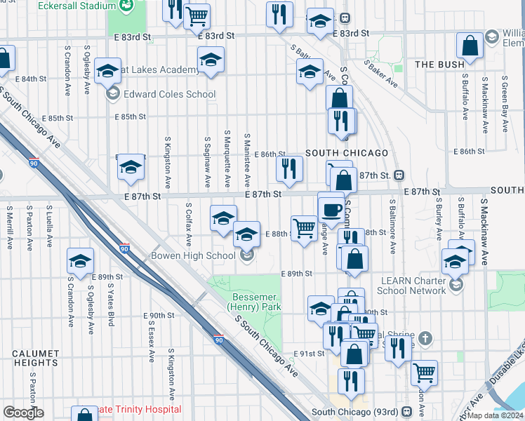 map of restaurants, bars, coffee shops, grocery stores, and more near 8723 South Manistee Avenue in Chicago