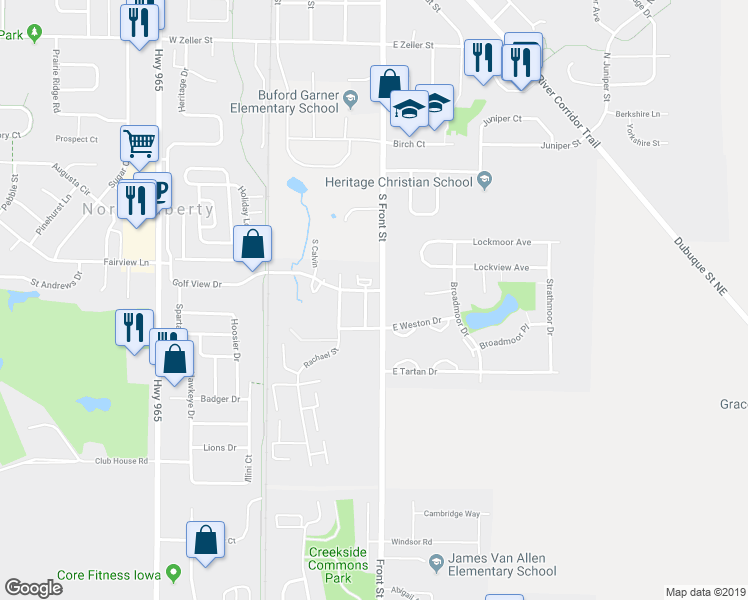 map of restaurants, bars, coffee shops, grocery stores, and more near 612 Rebecca Street in North Liberty