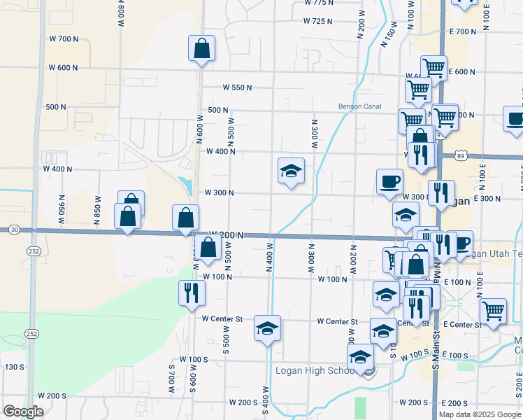map of restaurants, bars, coffee shops, grocery stores, and more near 446 240 North in Logan