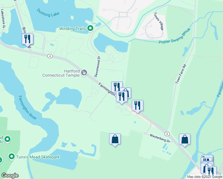 map of restaurants, bars, coffee shops, grocery stores, and more near 1088 Farmington Avenue in Farmington