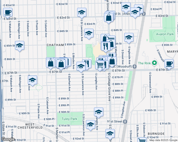 map of restaurants, bars, coffee shops, grocery stores, and more near South Champlain Avenue in Chicago