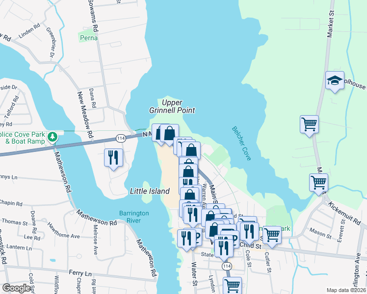 map of restaurants, bars, coffee shops, grocery stores, and more near 121 North Main Street in Warren