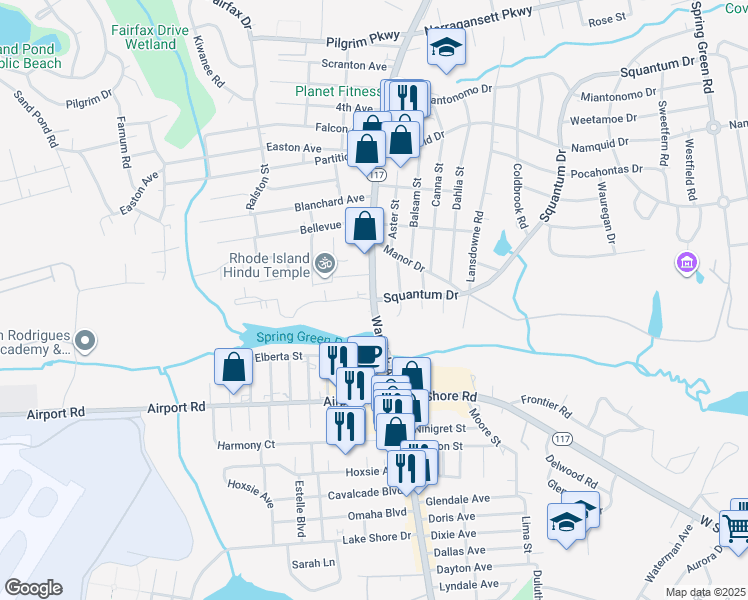 map of restaurants, bars, coffee shops, grocery stores, and more near 69 Prudence Court in Warwick