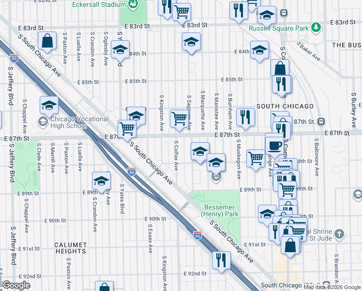 map of restaurants, bars, coffee shops, grocery stores, and more near 8741 South Colfax Avenue in Chicago