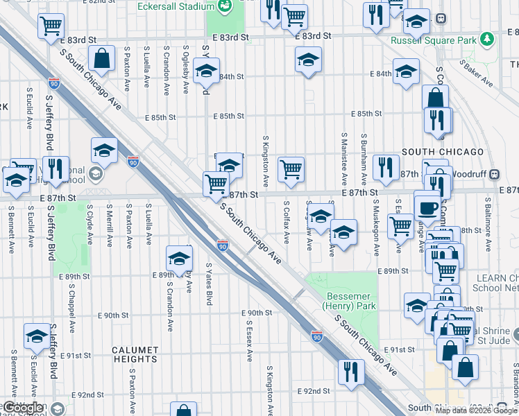 map of restaurants, bars, coffee shops, grocery stores, and more near 8740 South Kingston Avenue in Chicago