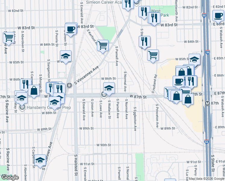 map of restaurants, bars, coffee shops, grocery stores, and more near 601 West 87th Street in Chicago