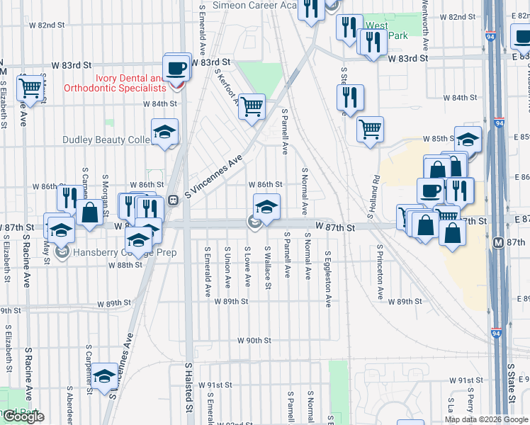 map of restaurants, bars, coffee shops, grocery stores, and more near 601 West 87th Street in Chicago