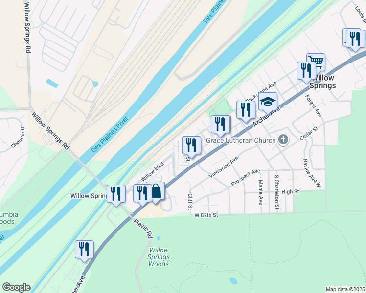 map of restaurants, bars, coffee shops, grocery stores, and more near 143 Willow Boulevard in Willow Springs