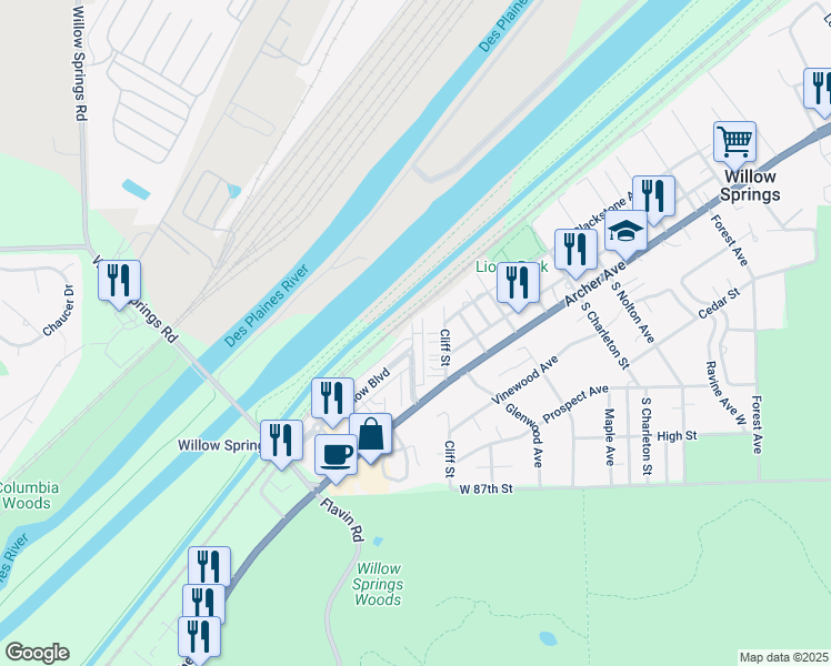 map of restaurants, bars, coffee shops, grocery stores, and more near 143 Willow Boulevard in Willow Springs