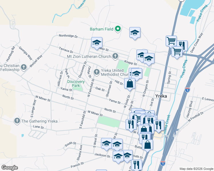map of restaurants, bars, coffee shops, grocery stores, and more near 713 Oak Street in Yreka