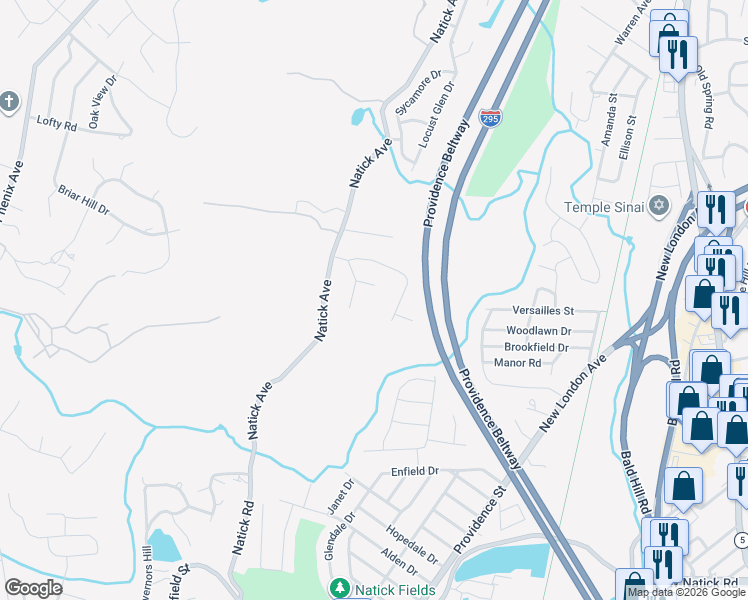 map of restaurants, bars, coffee shops, grocery stores, and more near 40 Woodcrest Court in Cranston