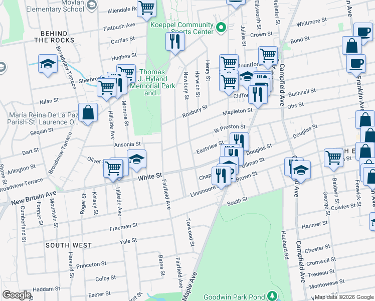 map of restaurants, bars, coffee shops, grocery stores, and more near 200 Newbury Street in Hartford