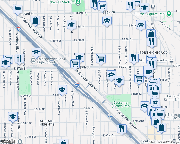map of restaurants, bars, coffee shops, grocery stores, and more near 8740 South Kingston Avenue in Chicago