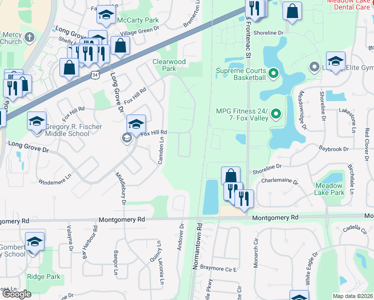 map of restaurants, bars, coffee shops, grocery stores, and more near 1068 Pheasant Run Lane in Aurora