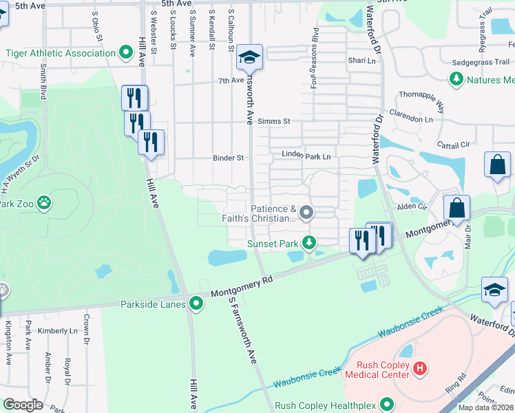 map of restaurants, bars, coffee shops, grocery stores, and more near 1031 Symphony Drive in Aurora