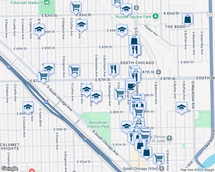 map of restaurants, bars, coffee shops, grocery stores, and more near 8743 South Manistee Avenue in Chicago