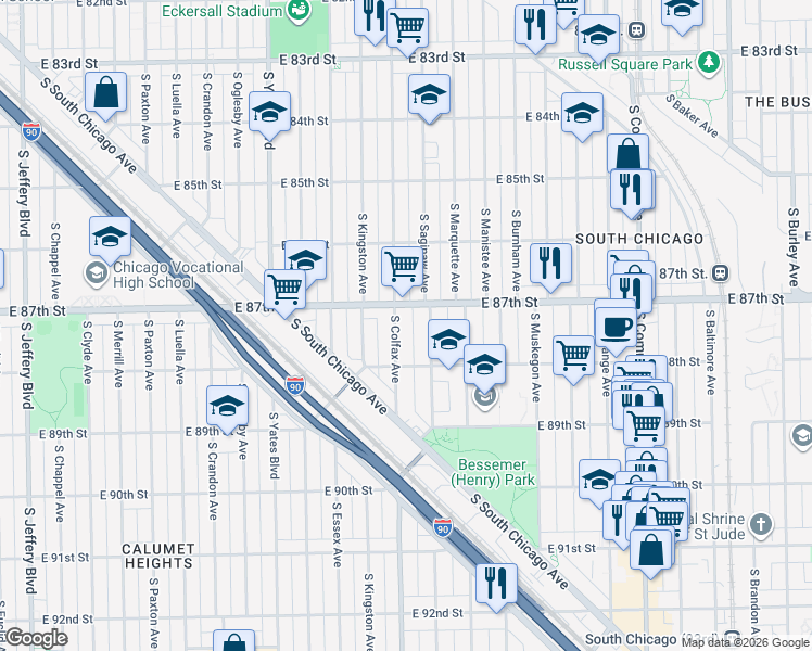 map of restaurants, bars, coffee shops, grocery stores, and more near 8741 South Colfax Avenue in Chicago