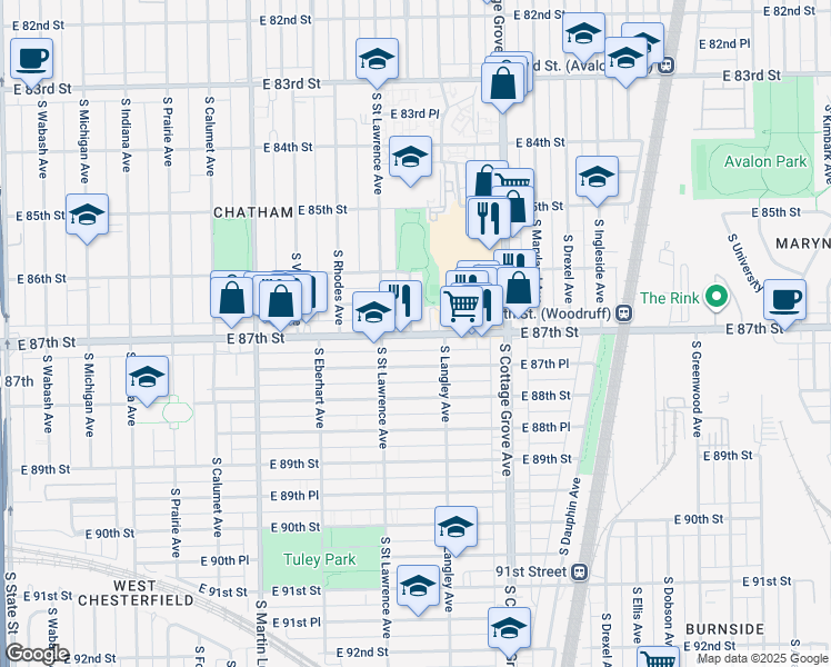 map of restaurants, bars, coffee shops, grocery stores, and more near 644 East 87th Street in Chicago