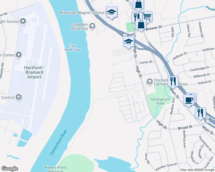 map of restaurants, bars, coffee shops, grocery stores, and more near 81 Shawnee Road in East Hartford