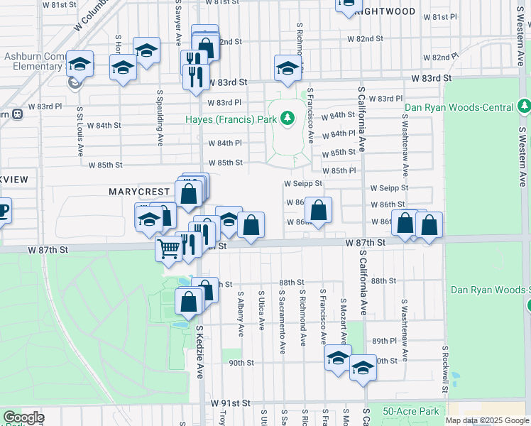 map of restaurants, bars, coffee shops, grocery stores, and more near 8643 South Sacramento Avenue in Chicago