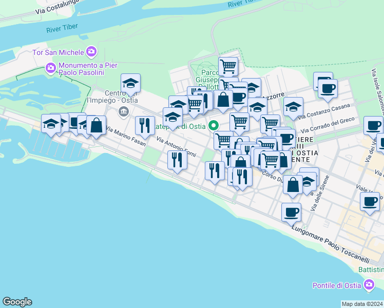 map of restaurants, bars, coffee shops, grocery stores, and more near 10 Via Guido Vincon in Lido di Ostia