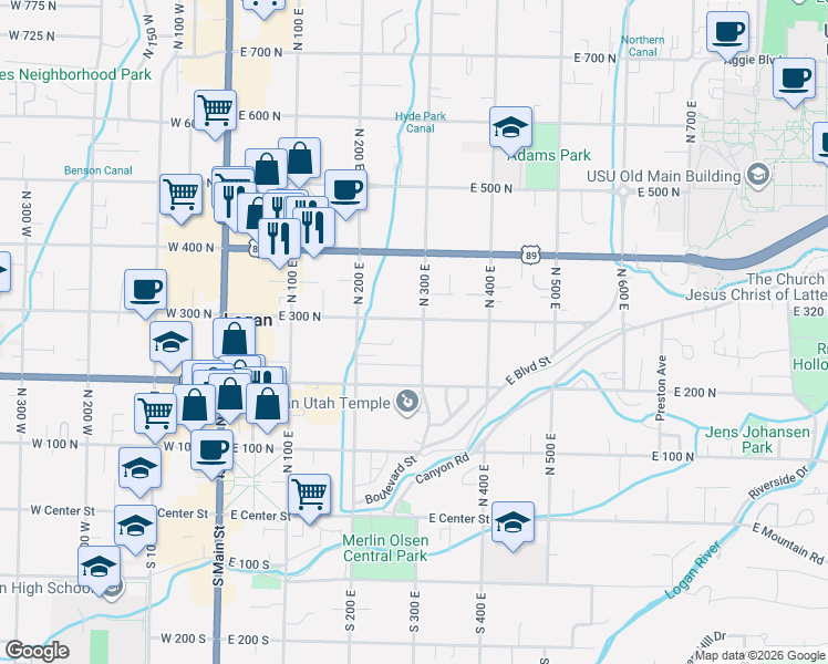map of restaurants, bars, coffee shops, grocery stores, and more near 285 North 300 East in Logan