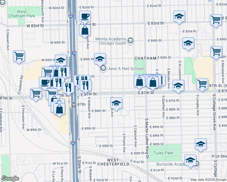map of restaurants, bars, coffee shops, grocery stores, and more near 200 East 87th Street in Chicago