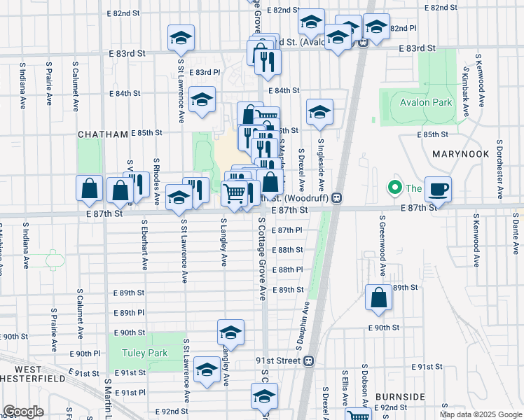 map of restaurants, bars, coffee shops, grocery stores, and more near 2 South Cottage Grove Avenue in Chicago