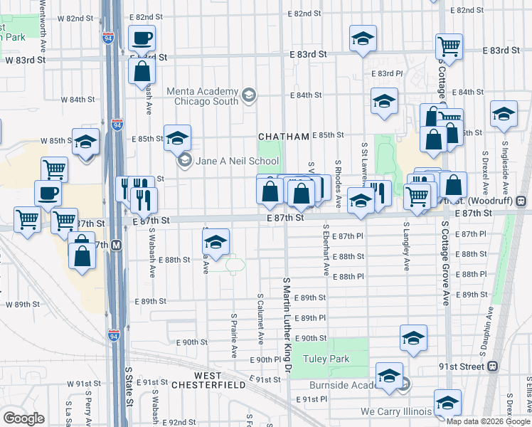 map of restaurants, bars, coffee shops, grocery stores, and more near 8714 South King Drive in Chicago