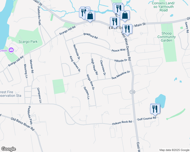 map of restaurants, bars, coffee shops, grocery stores, and more near 79 Sea Meadow Drive in Dennis