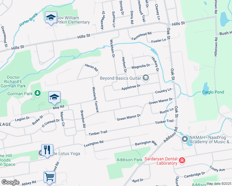 map of restaurants, bars, coffee shops, grocery stores, and more near 163 Country Lane in East Hartford