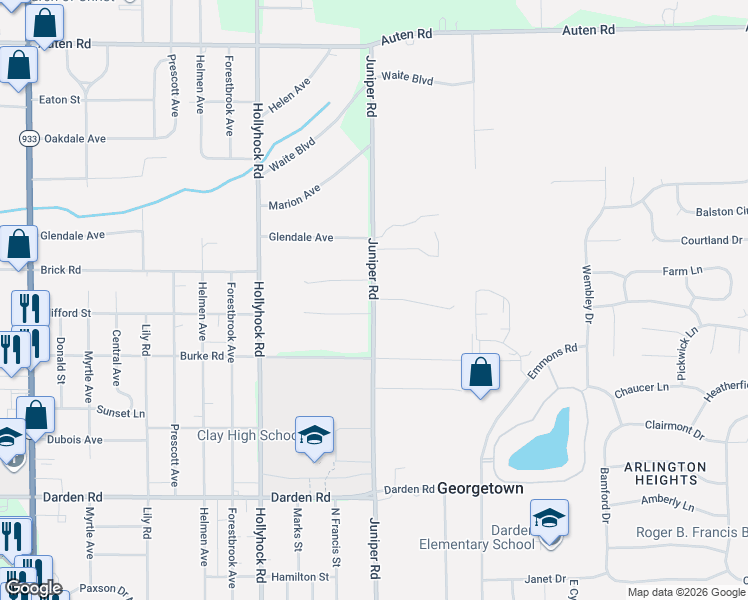 map of restaurants, bars, coffee shops, grocery stores, and more near 18998 Cedar Mill Court in South Bend