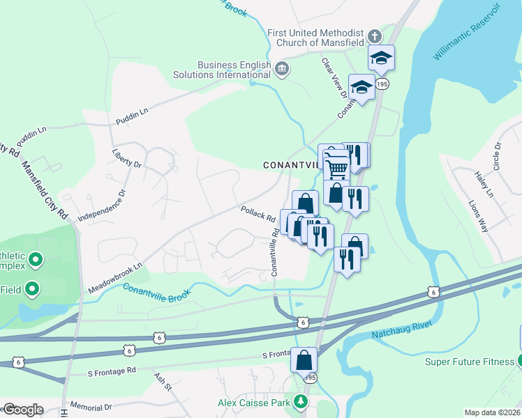 map of restaurants, bars, coffee shops, grocery stores, and more near 14 Pollack Road in Mansfield