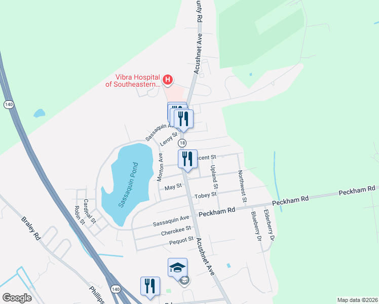 map of restaurants, bars, coffee shops, grocery stores, and more near 4364 Acushnet Avenue in New Bedford