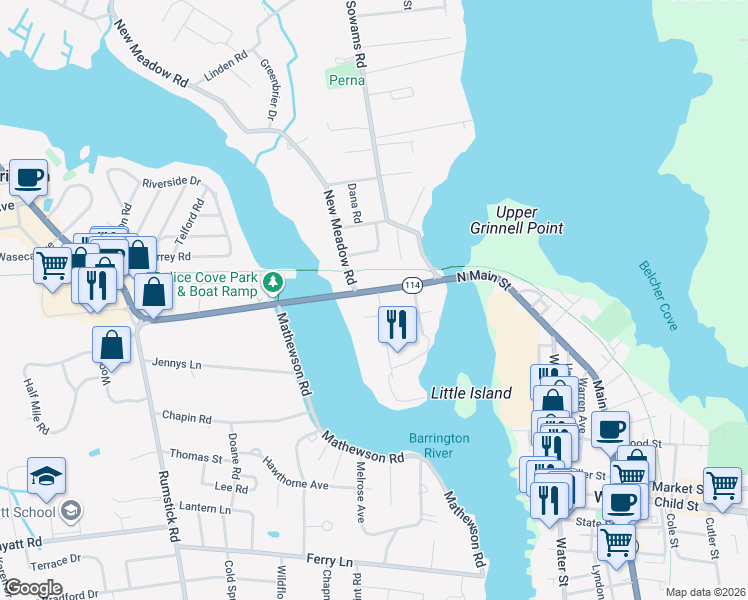 map of restaurants, bars, coffee shops, grocery stores, and more near 7 Barton Avenue in Barrington