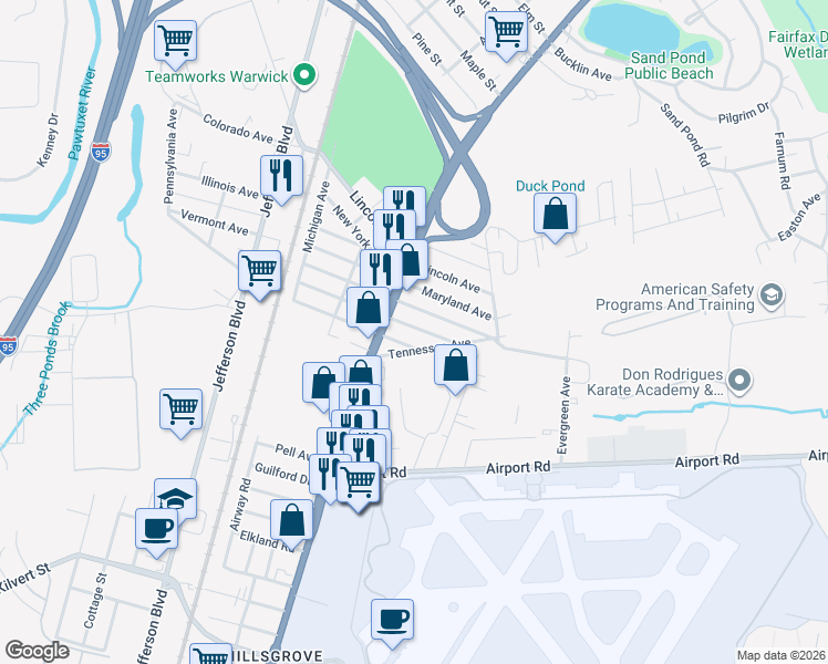 map of restaurants, bars, coffee shops, grocery stores, and more near 104 Tennessee Avenue in Warwick