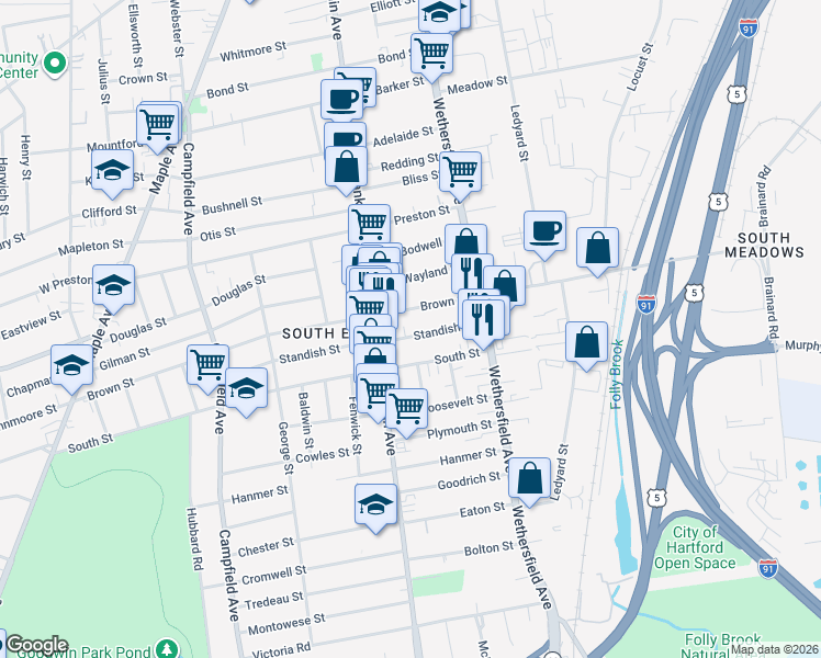 map of restaurants, bars, coffee shops, grocery stores, and more near 54 South Street in Hartford