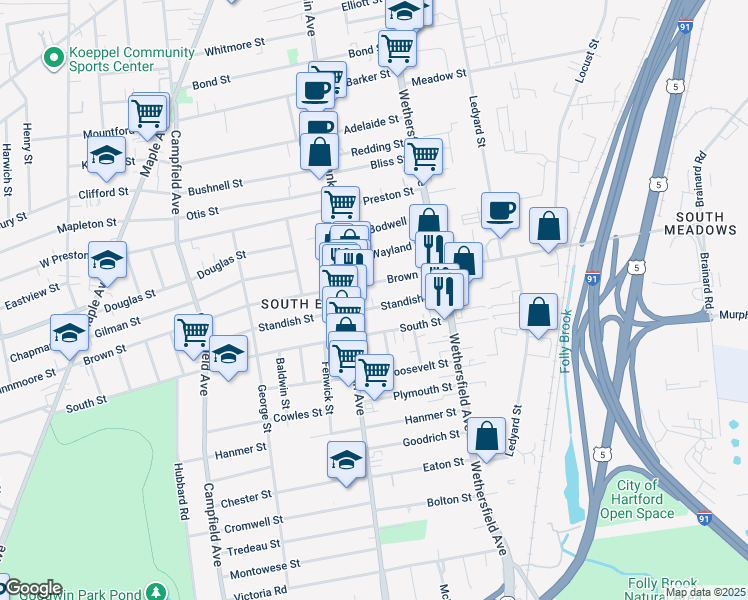 map of restaurants, bars, coffee shops, grocery stores, and more near 54 South Street in Hartford