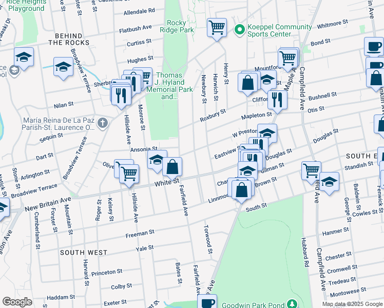 map of restaurants, bars, coffee shops, grocery stores, and more near 229 Grandview Terrace in Hartford