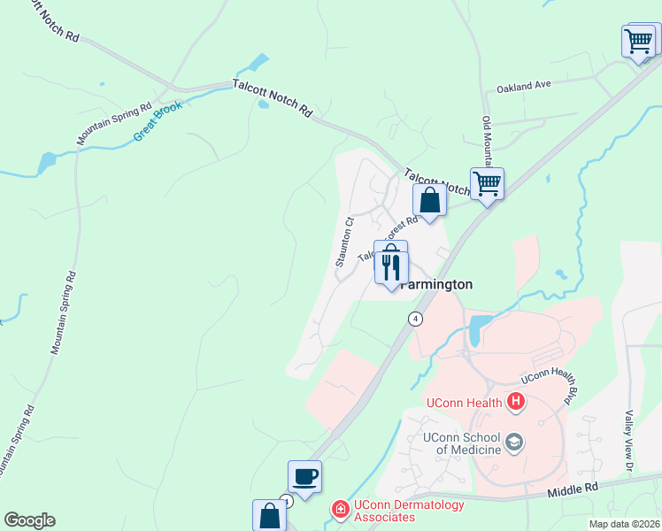 map of restaurants, bars, coffee shops, grocery stores, and more near 1 Talcott Forest Road in Farmington