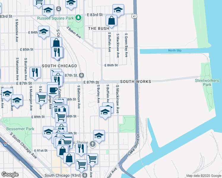 map of restaurants, bars, coffee shops, grocery stores, and more near 8750 South Buffalo Avenue in Chicago