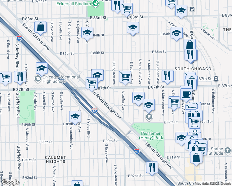 map of restaurants, bars, coffee shops, grocery stores, and more near 8740 South Kingston Avenue in Chicago