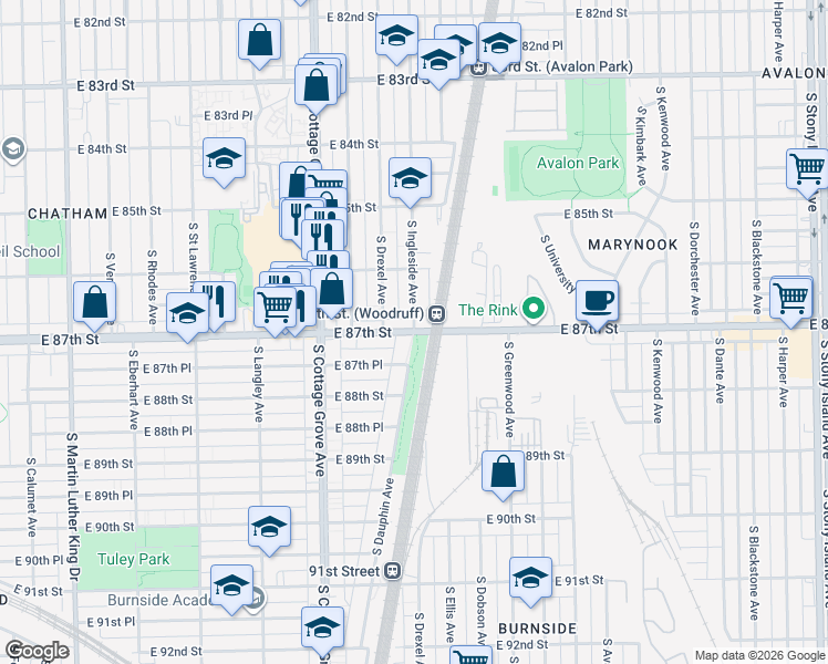 map of restaurants, bars, coffee shops, grocery stores, and more near 885 East 87th Street in Chicago