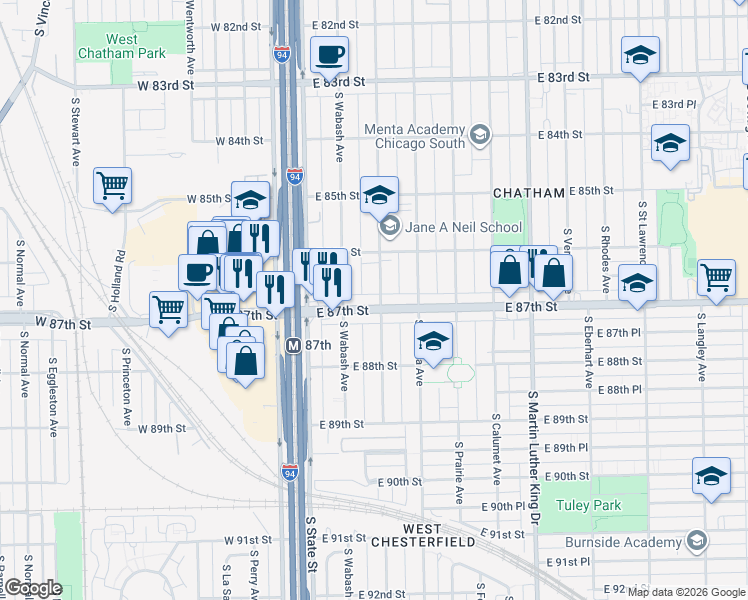 map of restaurants, bars, coffee shops, grocery stores, and more near 91 East 87th Street in Chicago