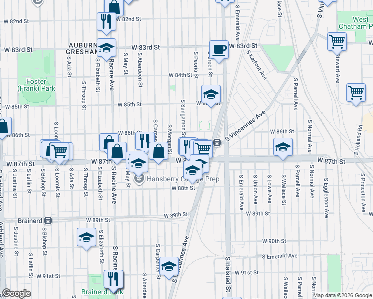 map of restaurants, bars, coffee shops, grocery stores, and more near 909 West 87th Street in Chicago